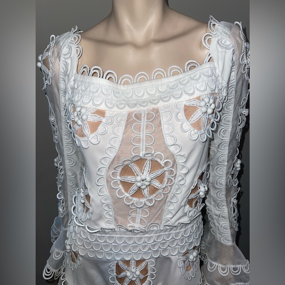 White Floral Lined Cut out Mini Dress L - Picture 5 of 10